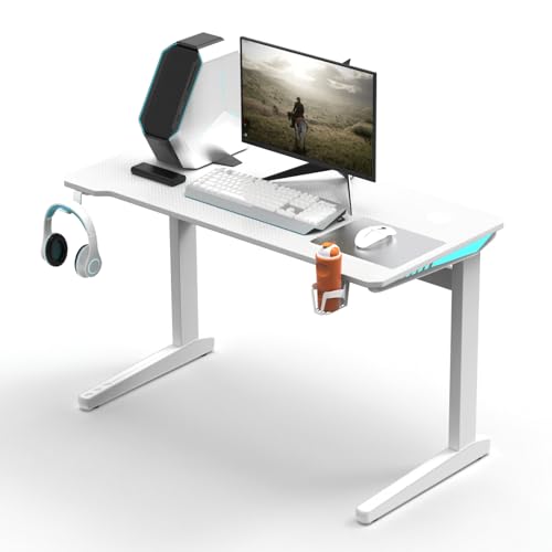 Escritorio Gamer para computadora Fibra de Carbono con LED RGB, portavasos y Gancho para Auriculares (Blanco, 120CM x 60CM)