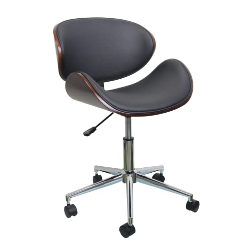Mid-Century Moderna Silla de Escritorio con Ruedas de Madera Curvada con tapicería de Piel sintética y Altura Ajustable (Wing, Negro)