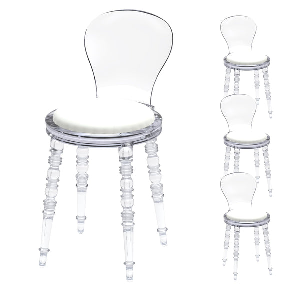 Juego de 4 Sillas Modernas Transparentes, Sillas de Comedor de PC Vintage Blancas, Silla Home Ghost para Banquete de Cocina Oficina con Cojines Blancos