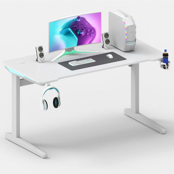 Computadora Gamer Mesa, Escritorios de Carbono Fibra con iluminación LED RGB, portavasos y Gancho para Auriculares (Blanco, 140CM x 60CM)