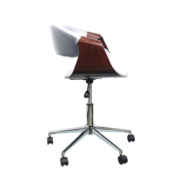 Mid-Century Moderna Silla de Escritorio con Ruedas de Madera Curvada con tapicería de Piel sintética y Altura Ajustable (Curve, Blanco)