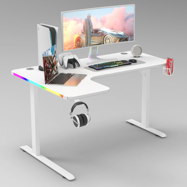 Escritorio para Computadora Gamer de Fibra de Carbono en Forma de L con iluminación LED RGB, portavasos y Gancho para Auriculares (Negro/Blanco)