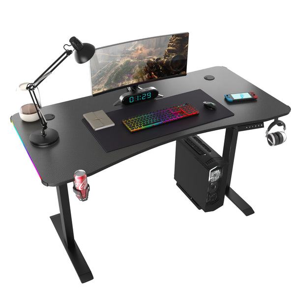 Mesa Gamer Elevable 140 x 60 cm con LED RGB, Portavasos y Gancho para Auriculares (Blanco/Negro)