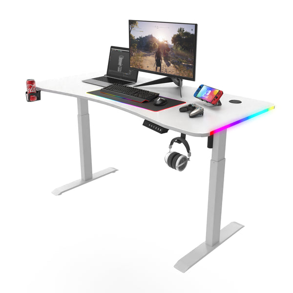 Mesa Gamer140x60cm, con iluminación LED RGB, portavasos y Gancho para Auriculares (Blanco)