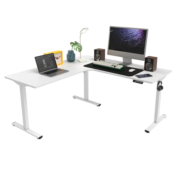 Escritorio Eléctrico en L 130 x 130 cm, Estación de Trabajo Ergonómica con Altura Ajustable (Bambú/Blanco/Negro)