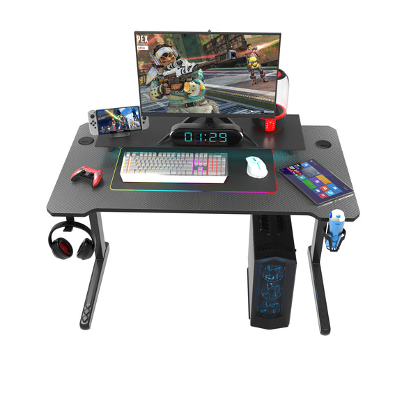 Fohfurniture Alta Escritorio Gamer Mesa LED RGB, Gaming Escritorios para computadora, Superficie de Fibra de Carbono con Control Remoto, portavasos y Gancho para Auriculares 120x60CM